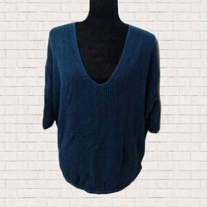 Express Blue V-Neck Sweater with Relaxed Fit V-Neck 3/4 Dolman Sleeves Medium